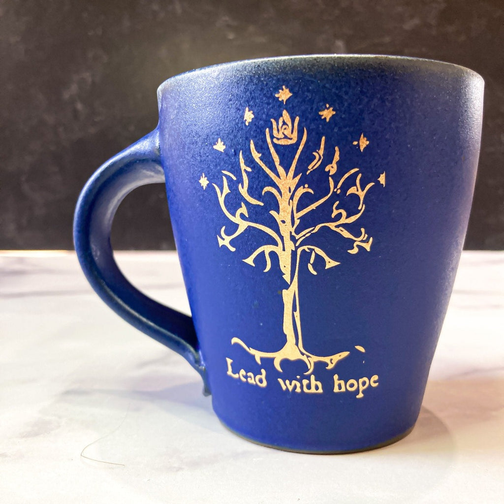 Handcrafted Lord of the Rings Tree of Gondor Pottery Mug, gift ceramic coffee mug, perfect christmas or birthday present for husband and wife, book lovers, and fantasy enthusiasts.