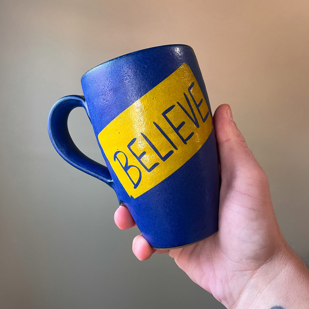 Ted Lasso Pottery Mug Collection handmade Believe Poster Mug with Travel Lid Donovan Pottery