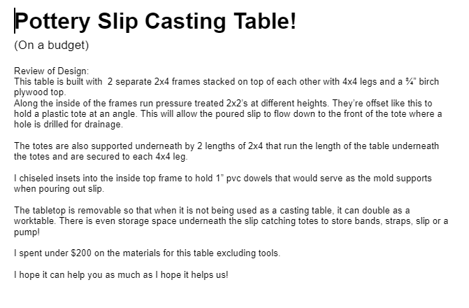 Slip Table Insert Pattern DIY Slip Casting Table Plans (Build a $1,000 Table for Under $250 ...