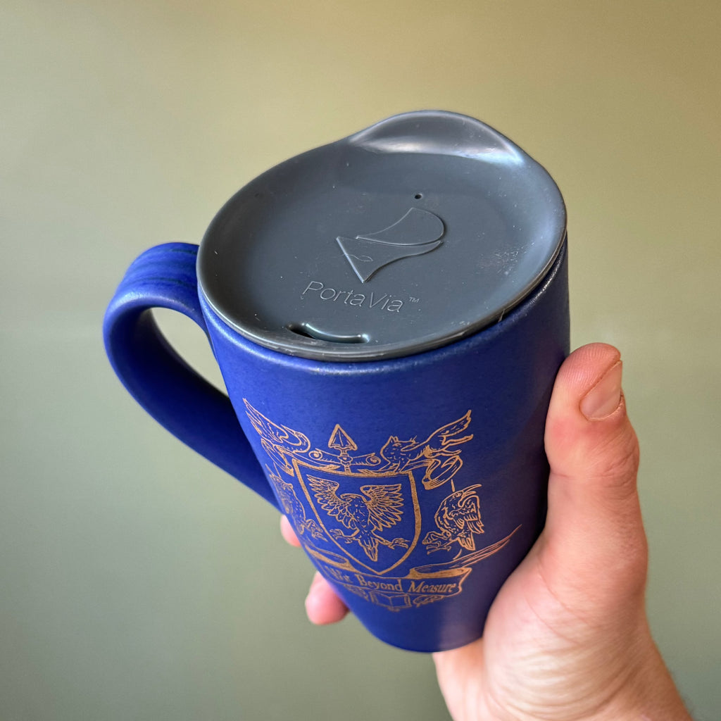 Ravenclaw Ink Blue Donovan Pottery Hogwarts House Crest  Stoneware with Gold Illustration Handmade Mug with travel lid