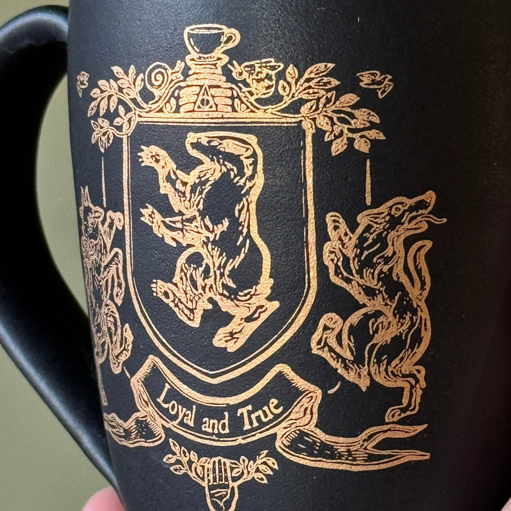 Hufflepuff Satin Black Donovan Pottery Hogwarts House Crest  Stoneware with Gold Illustration Handmade Mug with travel lid