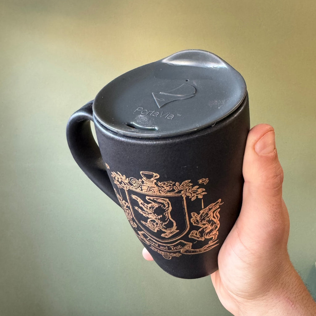 Hufflepuff Satin Black Donovan Pottery Hogwarts House Crest  Stoneware with Gold Illustration Handmade Mug with travel lid