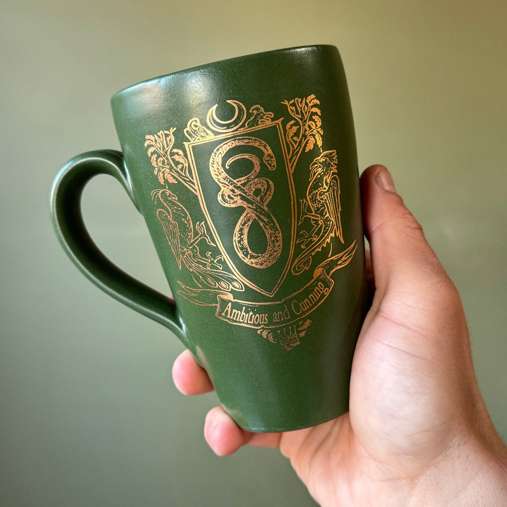 Slytherin Donovan Pottery Hogwarts House Crest  Stoneware with Gold Illustration Handmade Mug