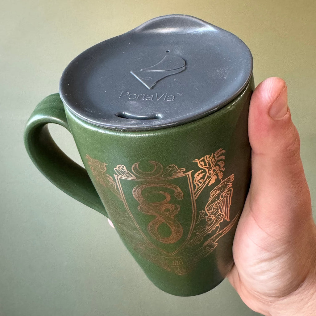 Slytherin Donovan Pottery Hogwarts House Crest  Stoneware with Gold Illustration Handmade Mug with travel lid