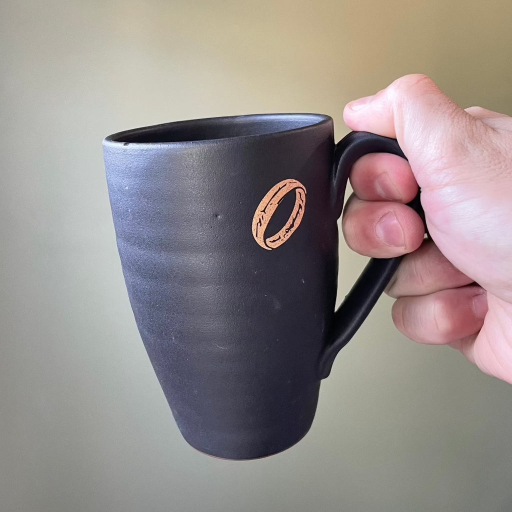 Lord of the Rings Coffee Mug in Black Satin glaze with Gold Ring for Coffee Lovers, Gifts, groomsman gift, book lovers