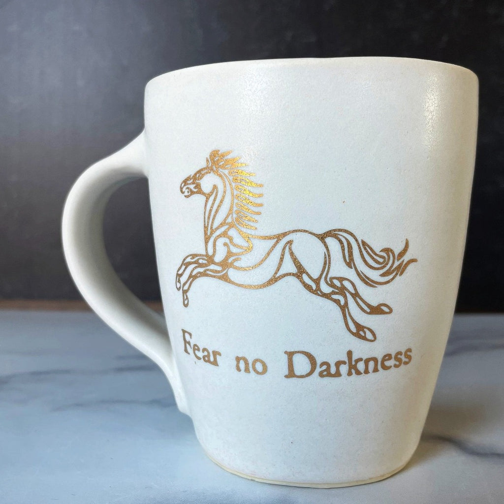 - Handmade ceramic coffee mug with 22k gold illustration <br> - Lord of the Rings inspired ceramic mug <br> - Elegant fantasy coffee cup with motivational text